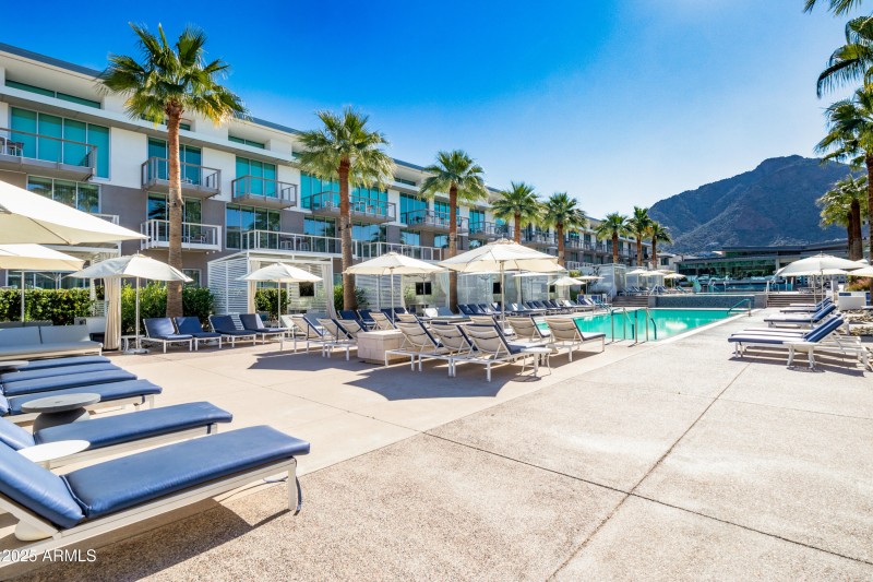 Exterior view of pool and cabanas