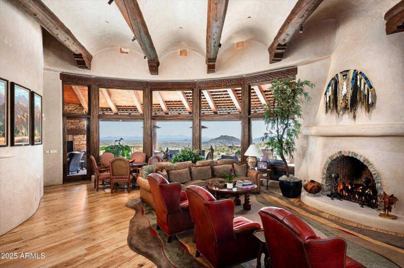 Great room with ceiling beam detail