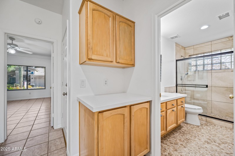 downstairs full bath and linen cabinet