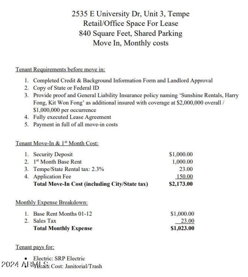 2535 E University, Ste 3 Lease Cost Outl