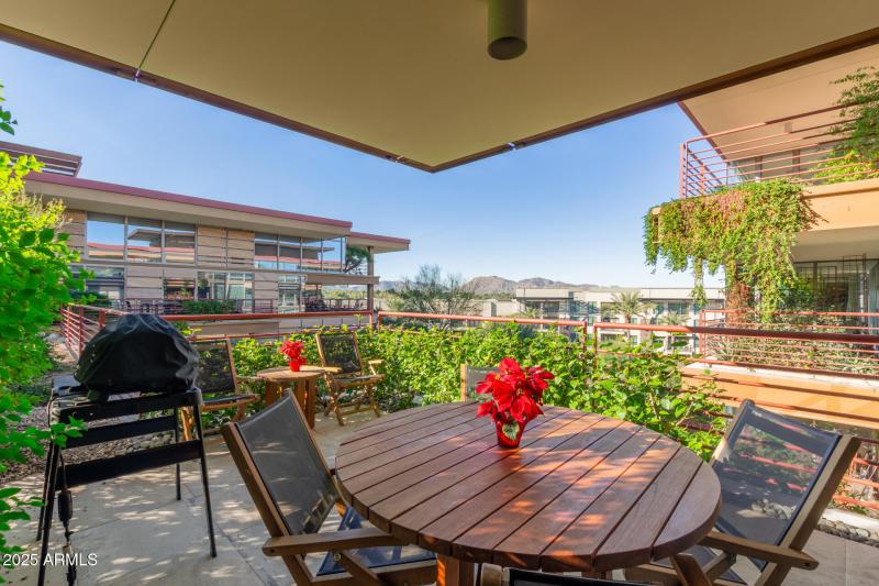 Large patio with mountain views