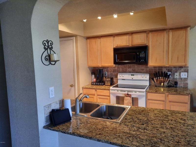 View of kitchen from dining area