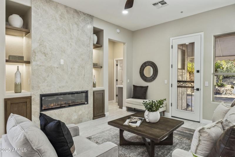 Family Room with Quartzite fireplace