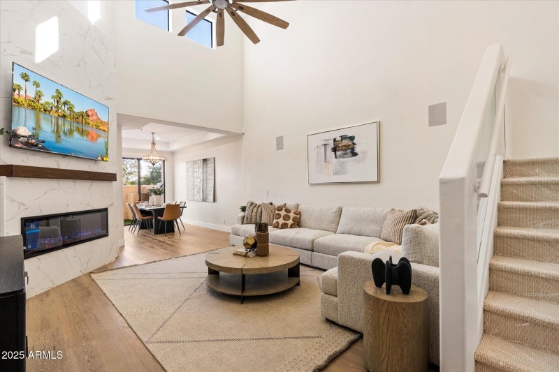 Great Room + Quartz Tiled Fireplace Wall