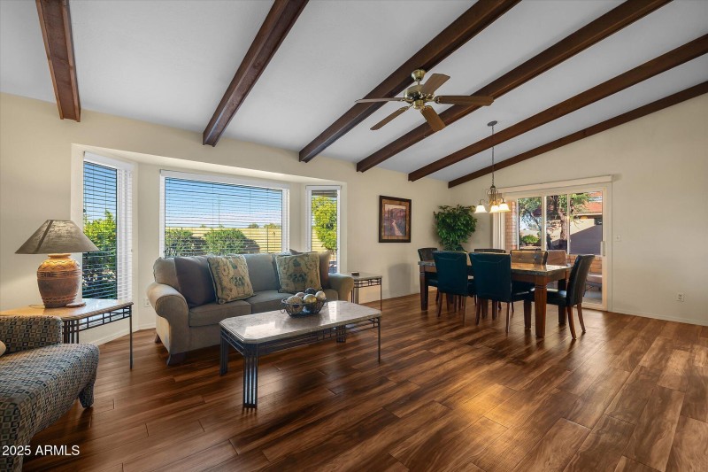 Beamed ceilings , wood look floors