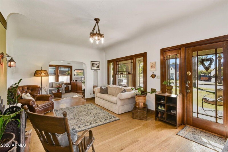 Living room with view of front porch
