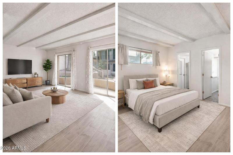 Staged living room and master