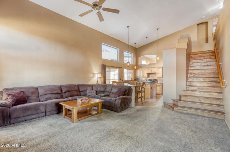 Family room, kitchen, staircase connect