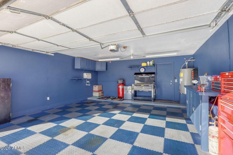 Garage with storage and workbench