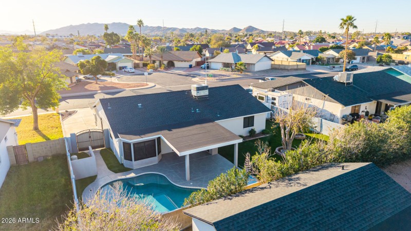 Rear Exterior – Aerial with pool view