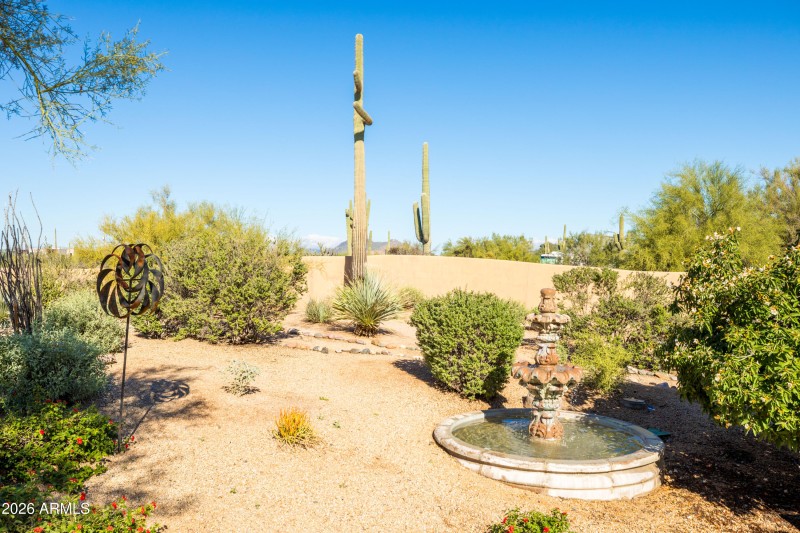 fountain, walking path and rear wall