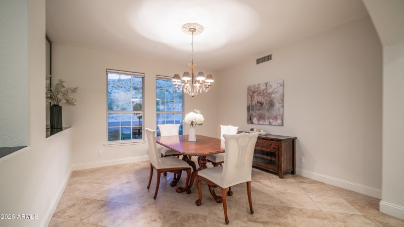 Twilight dining room with views