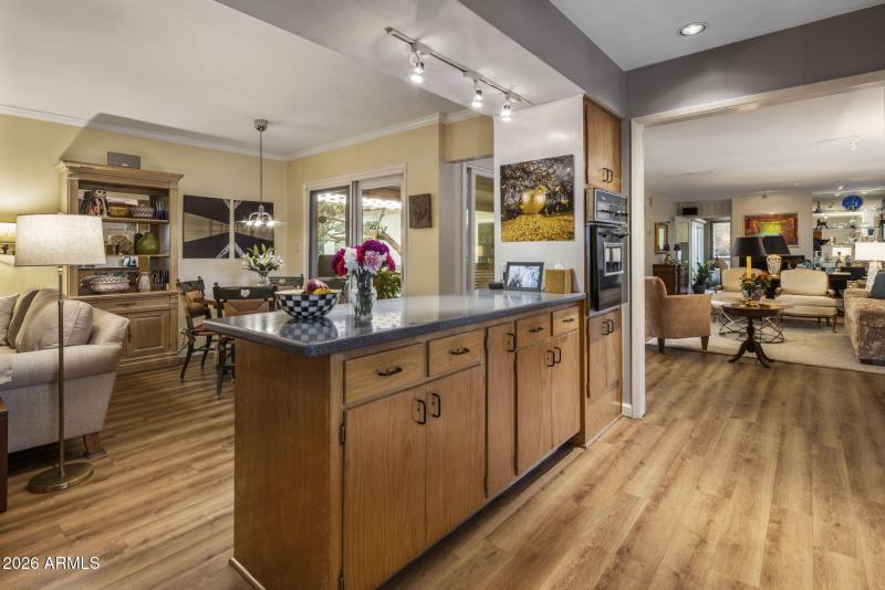 Kitchen open to living and family rooms