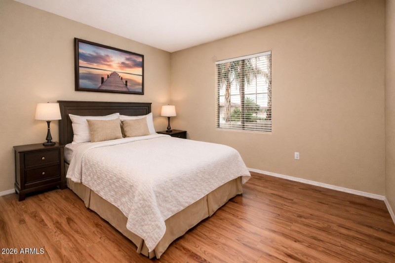 Serene bedroom with sunset view