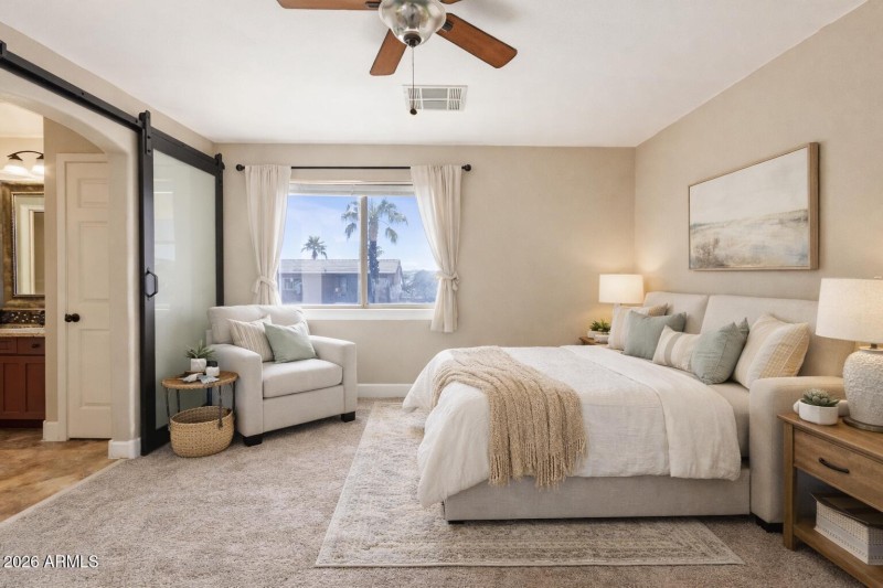 Serene daytime bedroom with cozy nook