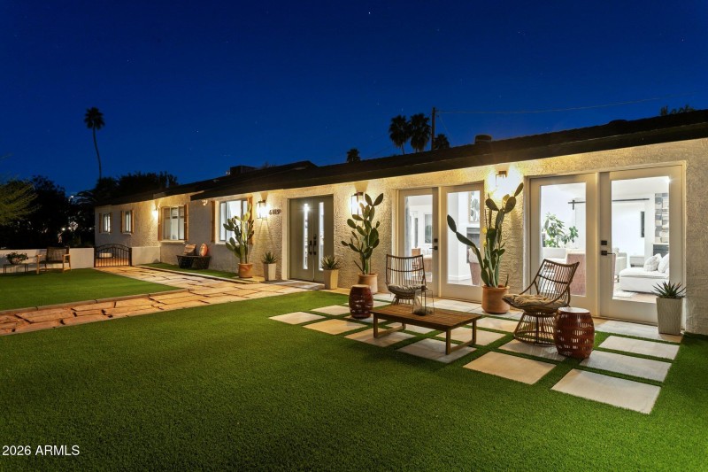 front elevation at dusk