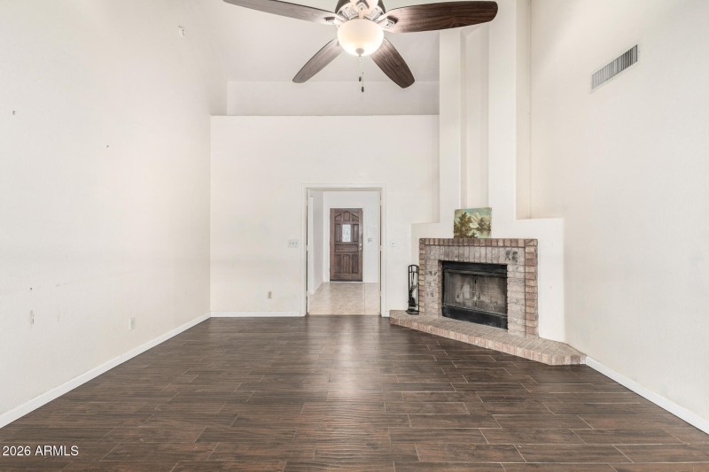 Wood burning fireplace in family room