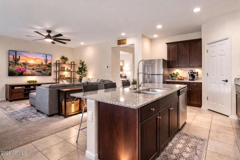 Kitchen looking into living room