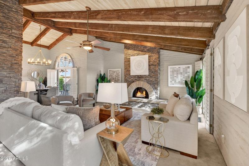 Wood Beams and Fireplace