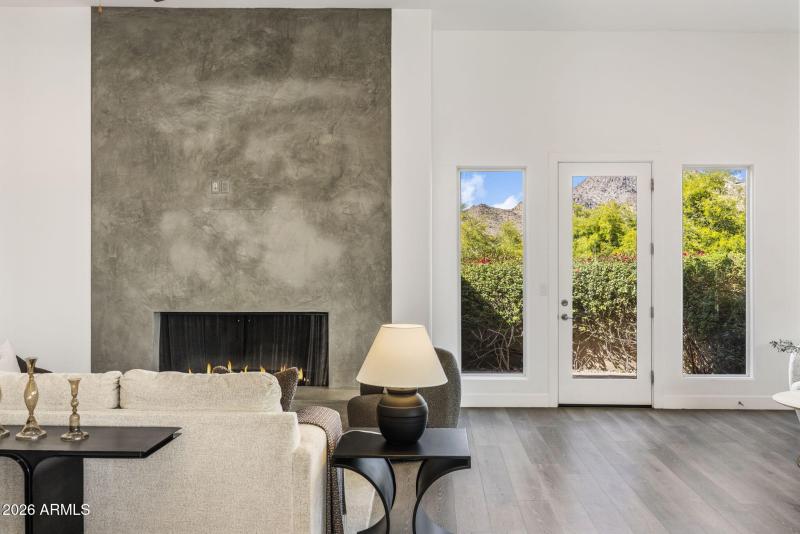 Living room fireplace and views