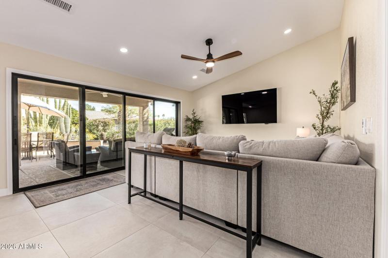 Family room with stacked slider closed