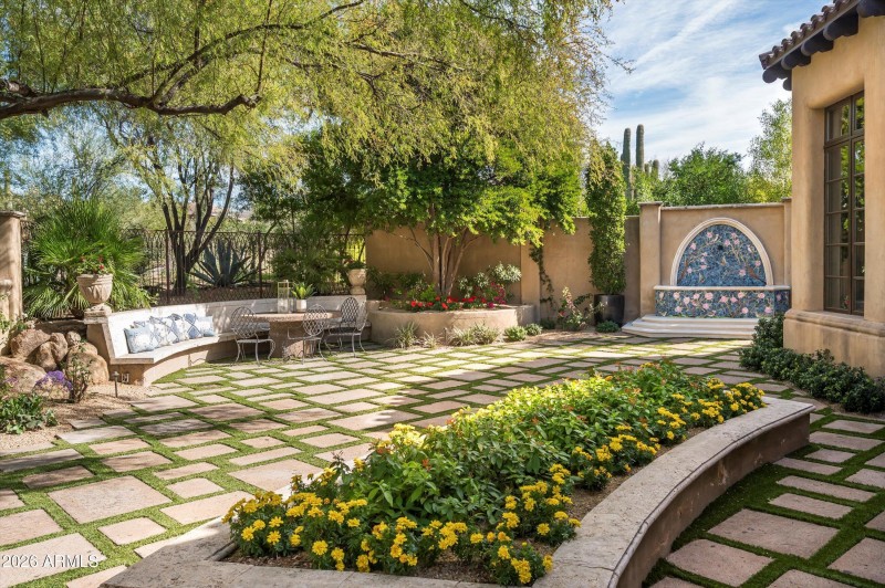 Sitting area in flower garden