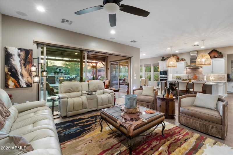 Great room, back patio and kitchen