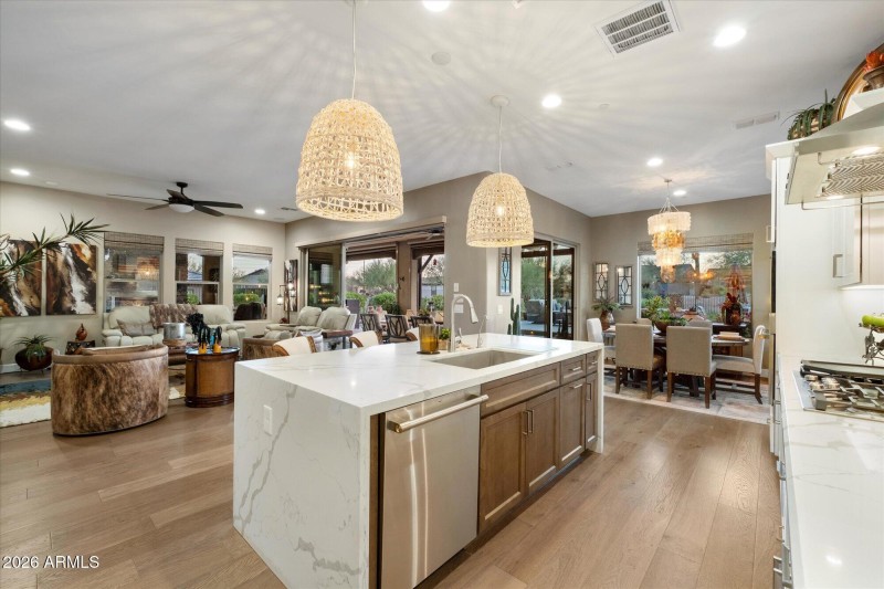 Great room, kitchen and didining area