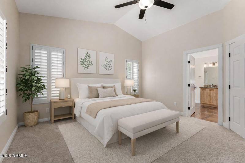 Modern neutral bedroom with botanical ac