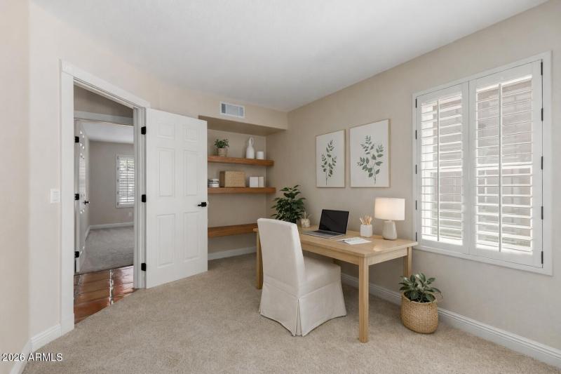 Neutral toned home office workspace