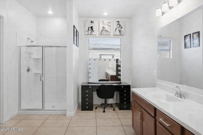 Modern bathroom with vanity and shower (