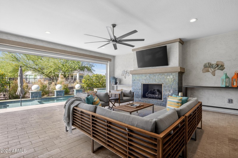 Backyard patio with fireplace