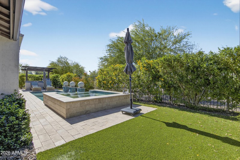 Backyard spa and synthetic grass