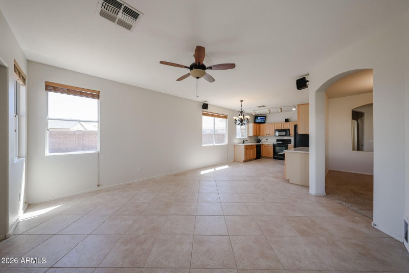 view from family room into kitchen