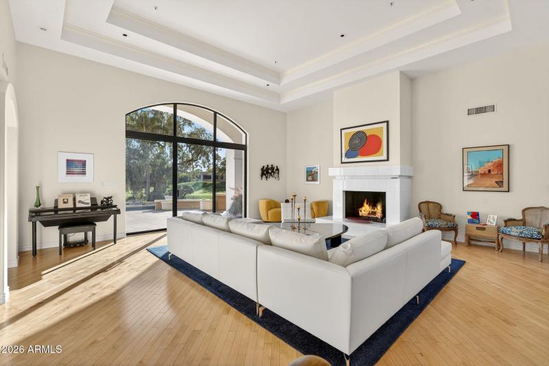 Living room, fireplace and views