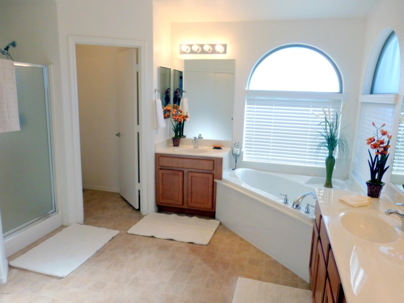 walk in shower and dual vanities