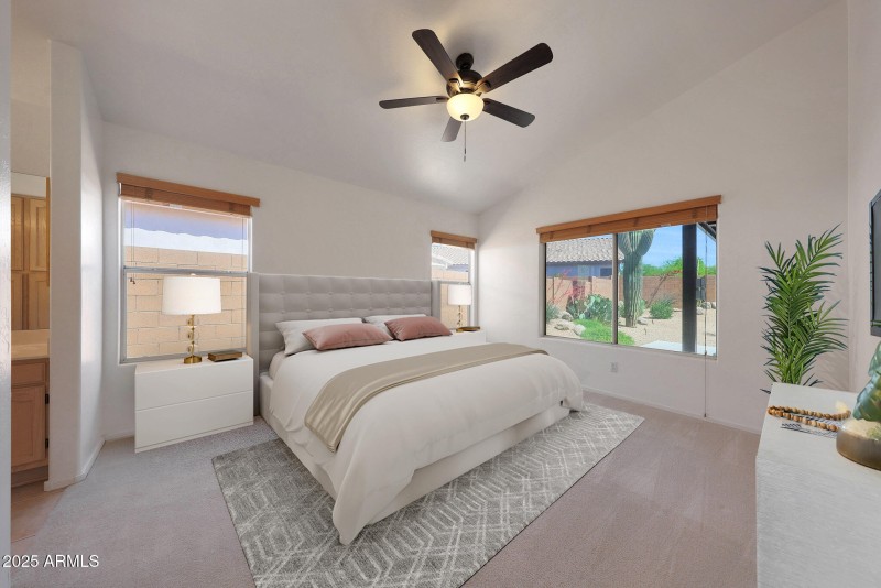 Virtually-staged primary bedroom