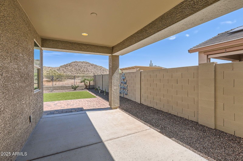 Covered patio with mountain views