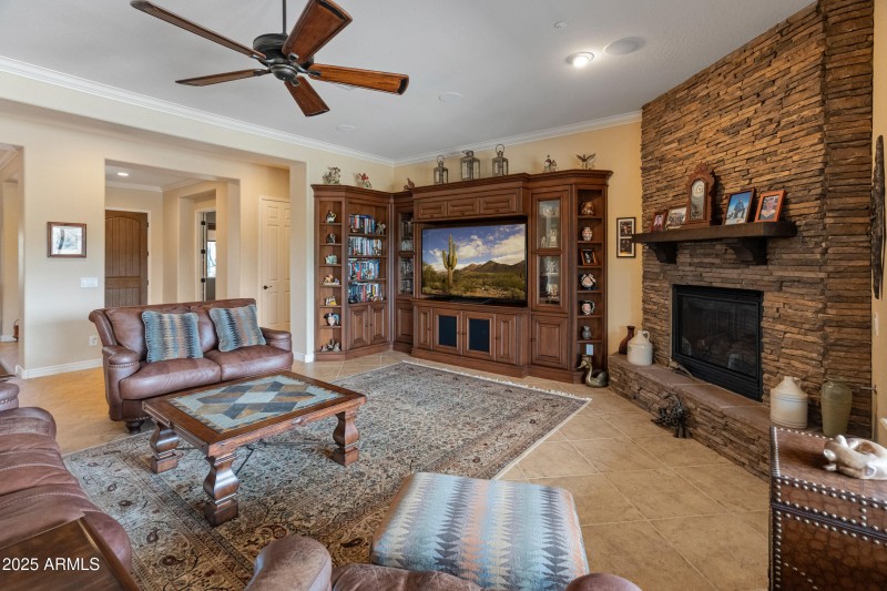 Gorgeous great room with stone fireplace