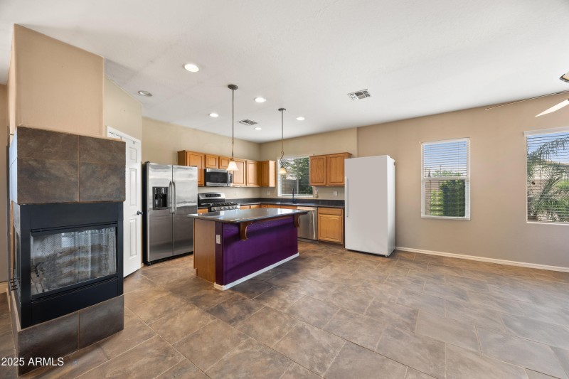 Kitchen with 3 way fireplace
