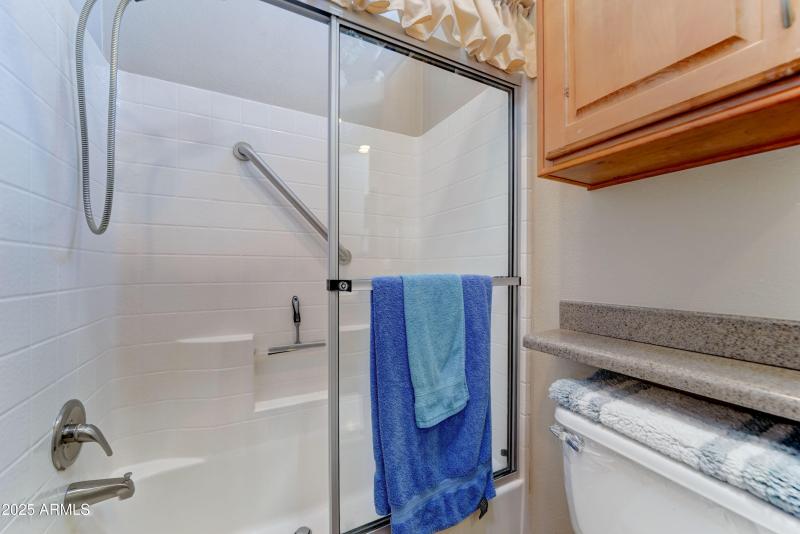 Tub and shower with handrail