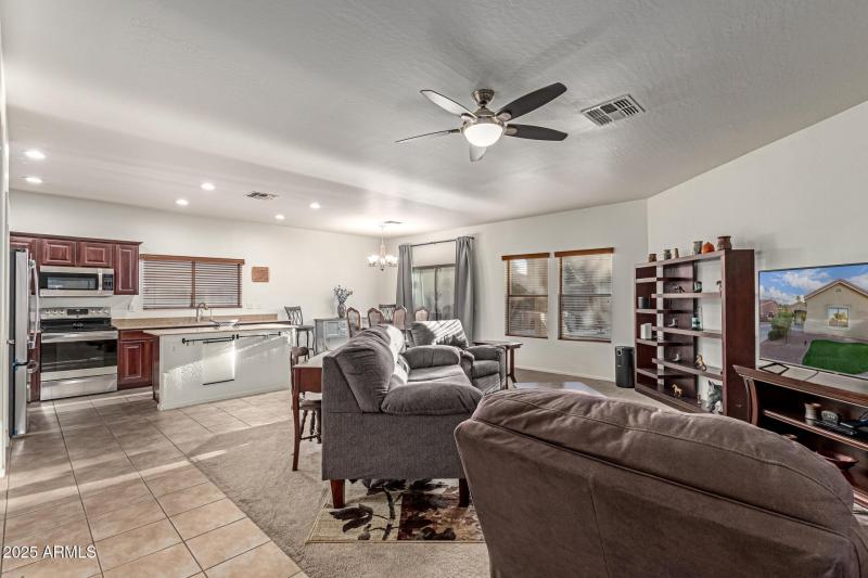 family room with kitchen view