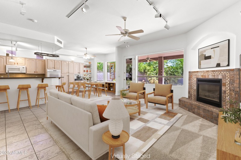 Cozy Fireplace & Kitchen View