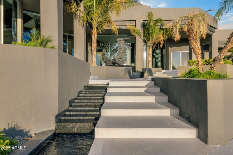 backyard fountain feature_sunset