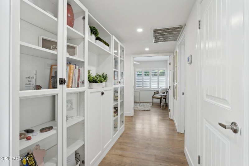 Library shelves in the hall
