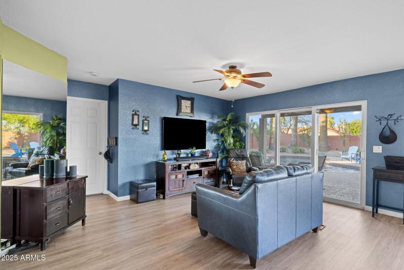 Family room with pool views