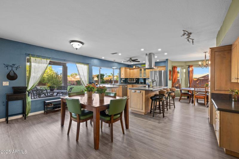 Dual-pane windows frame dining spaces