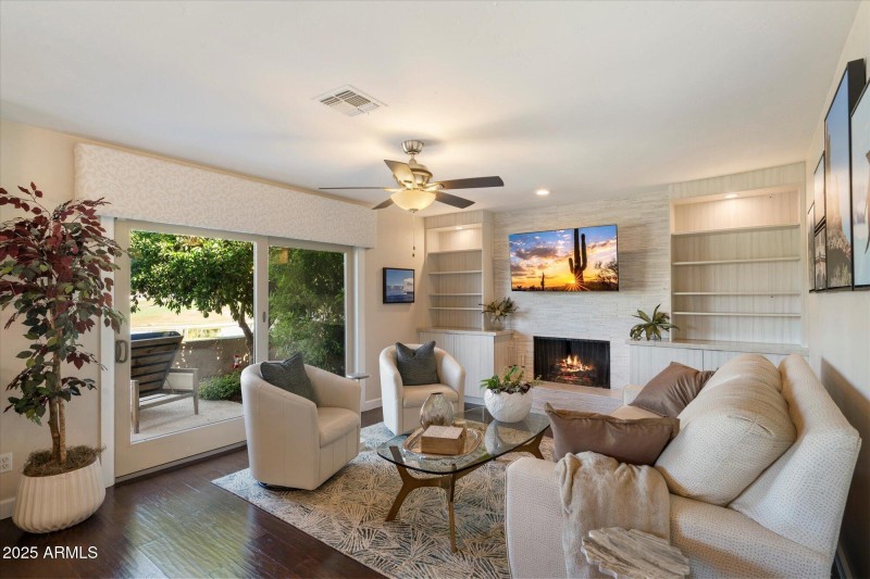 Gas fireplace & natural stone wall