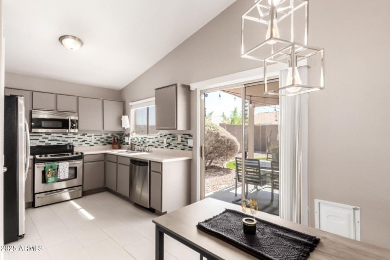 Kitchen open to dining area