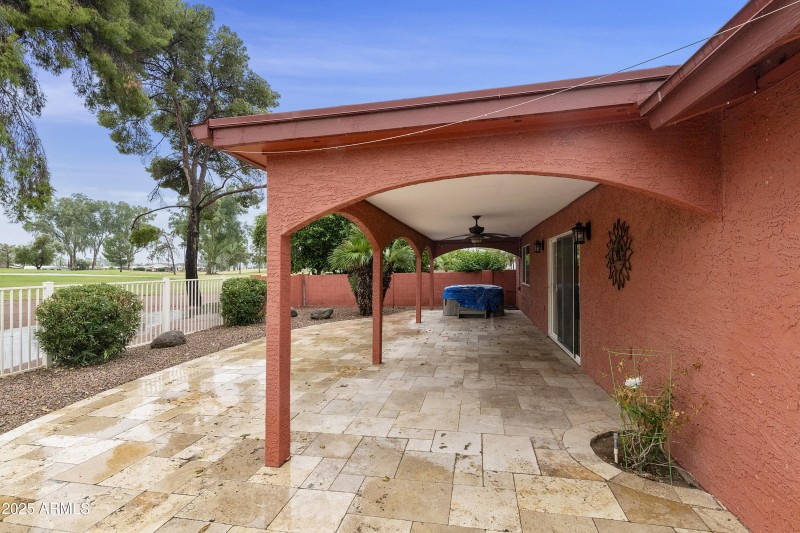 Covered patio with Travertine